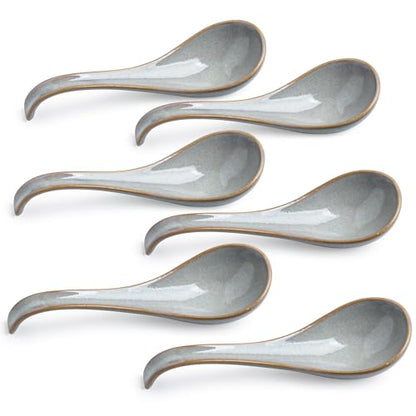 LYEOBOH Ceramic Asian Soup Spoons Set of 6, Ramen Spoons with Long Handle | Japanese Ramen Spoons with Deep Hook Design for Miso Rice, Chinese Soup Spoons for Kitchen, Dishwasher Microwave Safe, Gray - color: Gray