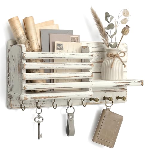 Rebee Vision Key Holder Wall Mount with Mail Slot for Home Decor, Whitewash | Pine Wood, Key Holder for Wall, Mail Organizer, 8 Key Hooks, Hat Storage, key Hanger, Letter Storage, Room Rustic Aesthetic - color: Whitewash