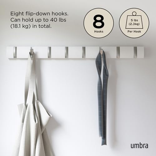 Umbra Flip Coat Rack, Wall Mount 8-Hook, Space Saving, White | Real wood and steel build, retractable hooks fold flat, holds coats bags and scarves, easy install - color: White/Nickel, size: 8-Hook
