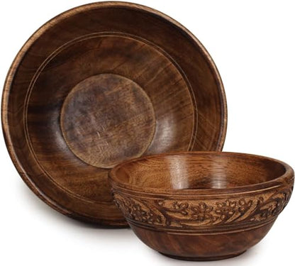 ETROVES Wooden Fruit Bowl Wood For Kitchen Counter Bowl Set for Food/Fruit/Salad - Carved Wood Bowls for Decor - Medium and Small Set of 2, Brown