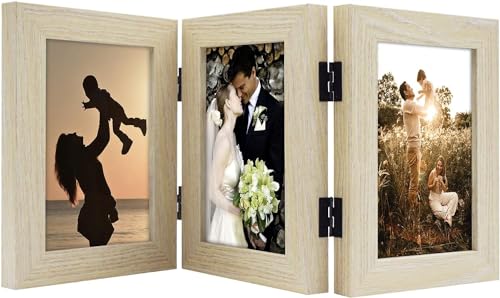 Golden State Art, 4x6 Triple Picture Frame Beige- Real Glass, 1 Pack | Trifold Photo Frame Vertical Display for Desktop - Three Folding Picture Collage - color: Beige, size: 4x6(1 Pack)