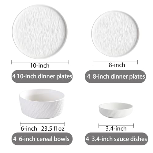 AOSIFIEL Ceramic Dinnerware set for 4, 16 pcs, Dish set for 4, Plates and Bowls Set Porcelain, Dishware Sets Stoneware Dinner Plates Sets White Platos de Cocina Vajilla - color: White Rock-Textured（16pcs）