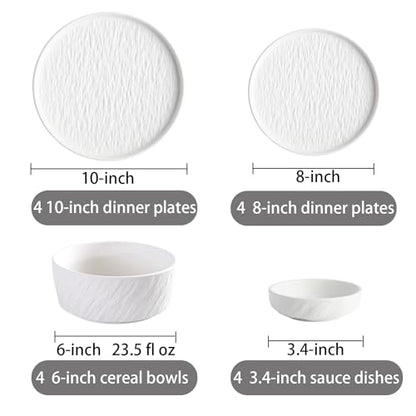 AOSIFIEL Ceramic Dinnerware set for 4, 16 pcs, Dish set for 4, Plates and Bowls Set Porcelain, Dishware Sets Stoneware Dinner Plates Sets White Platos de Cocina Vajilla - color: White Rock-Textured（16pcs）