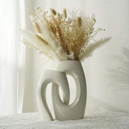 White Ceramic Vase Set of 2 with Champagne Faux Flowers