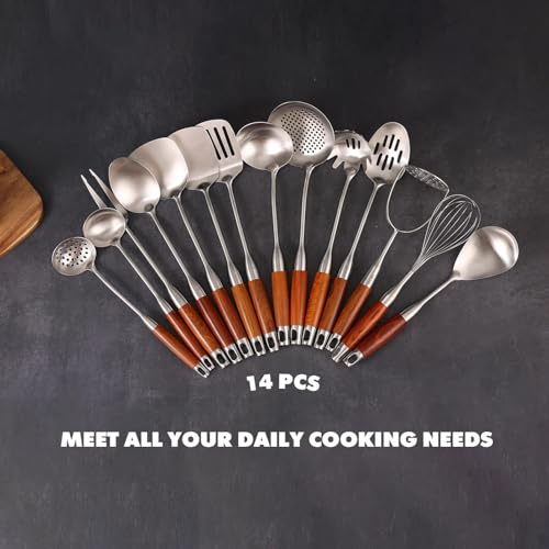 15” Metal Kitchen Utensils Set with RooseWood Handle - 18/10 Stainless Steel Cooking Utensils, 14 PCS Large & Small Spoons Set - Whisk, Masher, Fork, Spatula, Turner, Ladle, Skimmer, Pasta