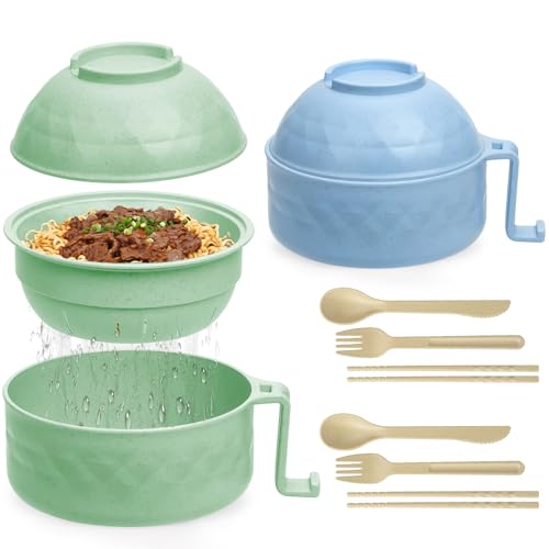 2 Sets Microwave Ramen Cooker,33 oz Ramen Bowl Set,Microwave Noodle Bowl,Ramen Bowl With Chopsticks and Spoon, College Dorm Room Essentials, Apartment Essentials, BPA-Free (green blue) - color: green blue