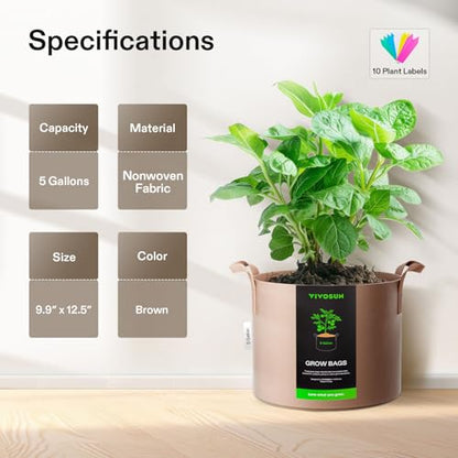 VIVOSUN 5-Pack 5 Gallon Plant Grow Bags Fabric Pots with Handles | 300G Thickened Nonwoven Fabric, Excellent Drainage, Healthy Root Growth, BPA-Free, Reusable - color: Tan, size: 5 Gallons