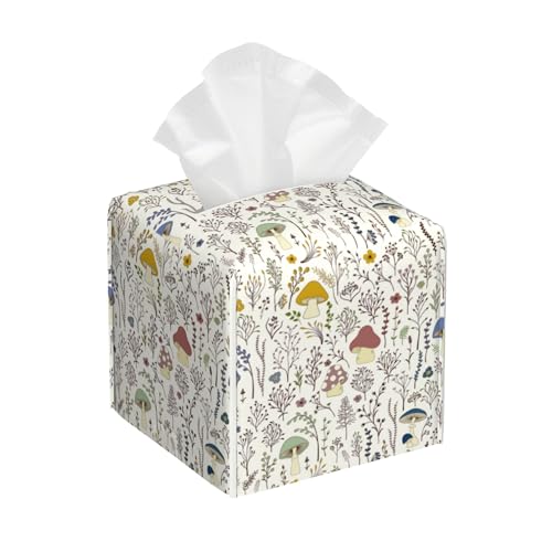 Colorful Wild Plants and Mushrooms Tissue Box Cover Square, Tissue Box Holder with Bottom Belt Leather Facial Paper Organizer Dispenser for Bathroom Bedroom Dresser Night Stand Tabletop - color: Colorful Wild Plants and Mushrooms