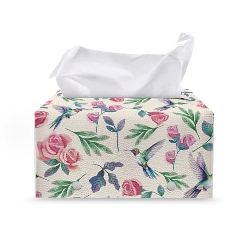 Flower Hummingbird Tissue Box Holder Modern PU Leather Rectangular Tissue Box Durable Waterproof Tissue Cover Holder Decorative Organizer for Bathroom Vanity Countertop - color: Flower Hummingbird