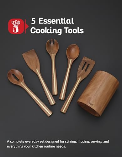 Acacia Utensil Set of 5 with Holder – Premium Wooden Cooking Utensils, Eco Friendly Acacia Wood Spatula & Spoon Set, Nonstick Safe Kitchen Tools - color: Acacia Classic Kitchen Set