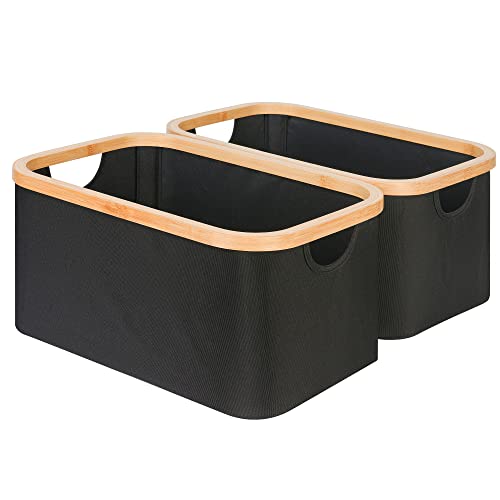 efluky Storage Baskets for Organizing, Fabric Storage Bins with Bamboo Handles, Collapsible Storage Baskets for Shelves and Closet, Black Set of 2 - color: Black, size: 15'' x 10.3'' x 7.9''
