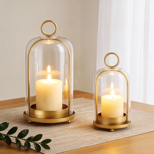 Metal Candle Holder, 5"&4" Wide Hurricane Glass Candle Holders with Handmade Glass Dome, Hanging Brass Candle Lantern for Pillar Candles, Table Coffee Decor, Interior Decoration (Not Included Candles) - color: Gold