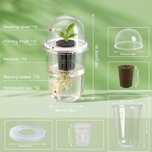 12 Pack 5in1 Seed Starter Cup Kit With Dome,Propagation Cups Self Watering | Tabletop Mini Greenhouse Hydroponics Growing System Kit for Herbs,Indoor Herb Garden,Root Observation