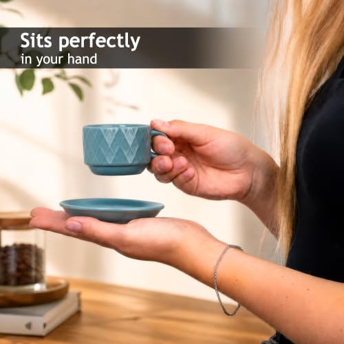 MIAMIO - 6 x 2.5 oz Stoneware Espresso Mug, Cup Set Modern with Stand and Saucers - Palmanova Collection (Ocean Blue) - color: Ocean Blue