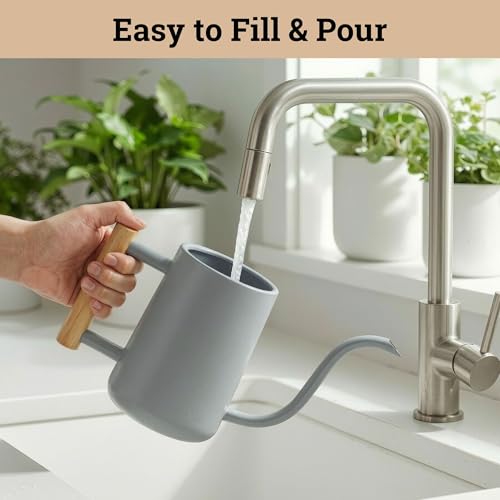 Metal Small Indoor Watering Can with Long Spout & Real Wood Handle, 35oz | Long Spout, Stainless Steel, Real Wood Handle, Gentle Flow, No Spills, Suitable for House Plants, Succulents & Seedlings - color: Gray