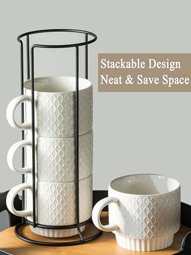 Gomakren Stackable 13oz Coffee Mugs Set of 4 with Stand & Spoons, White | Large Capacity for Cappuccino Coffee Milk Tea Drinks | Embossed Stoneware Mugs, Black Metal Rack, Microwave/Dishwasher Safe - color: White