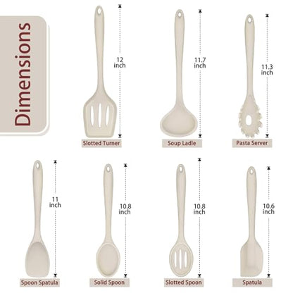P&P CHEF Khaki Kitchen Utensils, Silicone Cooking Utensil Set of 7 | Soft Spatula for Nonstick Cookware, Slotted Turner, Soup Ladle, Pasta Server, Spoon for Cooking, Dishwasher Safe & Heat Proof - color: Khaki
