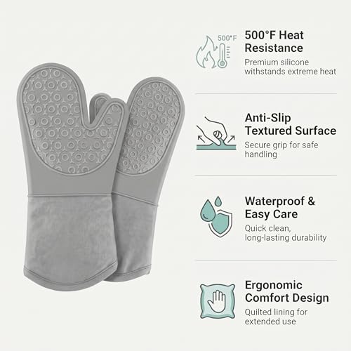 Silicone Oven Mitts 2-Pack, 13.5" Heat Resistant 500F, Non-Slip BPA-Free with Soft Cotton Lining, Kitchen Gloves for Baking, Cooking, BBQ & Grilling (Gray) - color: Gray