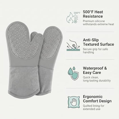 Silicone Oven Mitts 2-Pack, 13.5" Heat Resistant 500F, Non-Slip BPA-Free with Soft Cotton Lining, Kitchen Gloves for Baking, Cooking, BBQ & Grilling (Gray) - color: Gray