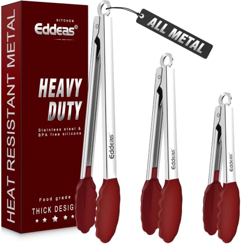 Tongs For Cooking - Silicone Metal Kitchen Tong 7" 9" & 12" Red | 600°F Heat Resistant Silicone Tong, All Metal handle Locking Tongs with Silicone Tips, Heavy Duty Stainless steel - color: Red Silicone Tip 3PCS, size: 7+9+12 inch