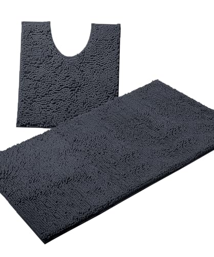 Bathroom Rugs Sets 2 Piece, Luxury Chenille Bath Mat Set, Soft Plush Anti-Slip Bath Rug + U-Shaped Toilet Mat. Microfiber Shaggy Carpet, Super Absorbent (24” x 36” & 20” x 24” U, Charcoal) - color: Charcoal, size: 2 Piece Set - Large