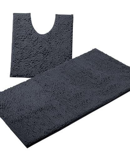 Bathroom Rugs Sets 2 Piece, Luxury Chenille Bath Mat Set, Soft Plush Anti-Slip Bath Rug + U-Shaped Toilet Mat. Microfiber Shaggy Carpet, Super Absorbent (24” x 36” & 20” x 24” U, Charcoal) - color: Charcoal, size: 2 Piece Set - Large
