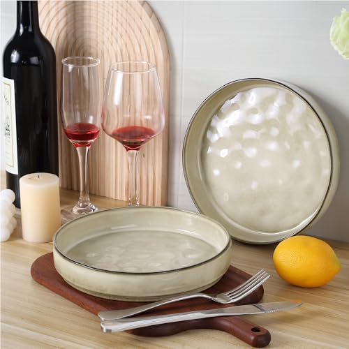 LIANYU Stoneware Pasta Bowls, 8.25’’ Large Bowl Sets of 4 | Round Shallow Dinner Plates for Meal, Ceramic Salad Serving Plate for Cereal, Soup, Dishwasher & Microwave Safe, Sandy Beige - color: Sandy Beige