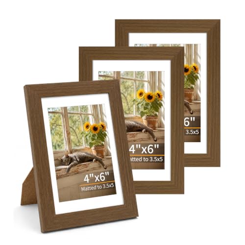 4x6 Wooden Picture Frames Set of 3 Walnut Photo Frame Wall Table Display | Sturdy MDF 4x6 frames with mat clear plexiglass Hangs on wall stands on table family pics weddings diplomas home or office - color: Walnut, size: 4x6