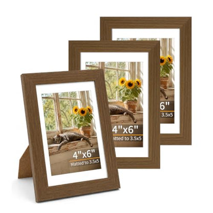 4x6 Wooden Picture Frames Set of 3 Walnut Photo Frame Wall Table Display | Sturdy MDF 4x6 frames with mat clear plexiglass Hangs on wall stands on table family pics weddings diplomas home or office - color: Walnut, size: 4x6