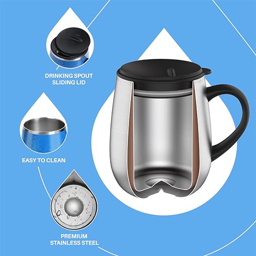 Ideus 16 oz Insulated Coffee Mug with Handle and Lid, Double Wall Stainless Steel Vacuum Thermal Coffee Mug, Travel Coffee Cup Thermal Cup for Home and Office (Leopard Blue, FUJI DAWN) - color: Leopard Blue
