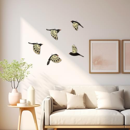 Vumyhuby 5-Piece Black Wooden Bird Wall Art, Rustic Folk Flying Bird Decor - color: Black