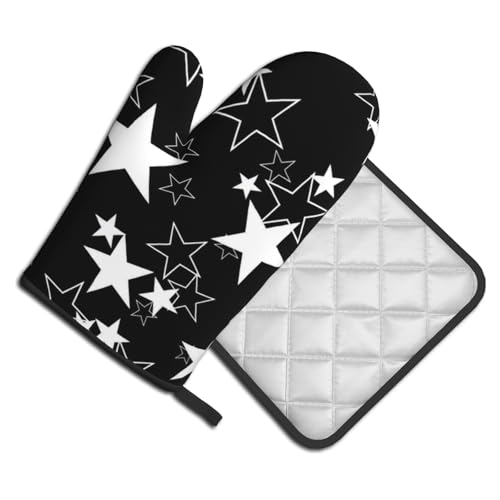 Black Star Oven Mitts and Pot Holder Set of 2 Galaxy Space Heat Resistant Kitchen Oven Gloves Potholders for Baking Cooking Grilling BBQ - color: Black Star