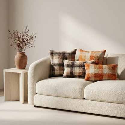 Brown Plaid Pillow Covers, Fuzzy Boucle Farmhouse Throw Pillow Covers 20x20 | Set of 2, Autumn Cozy Fluffy Curly Sherpa Throw Pillows, Black Tan Brown Checkered Accent, For Living Room, No Pillow Insert - color: Brown Buffalo Plaid Indoor Pillow Covers, s