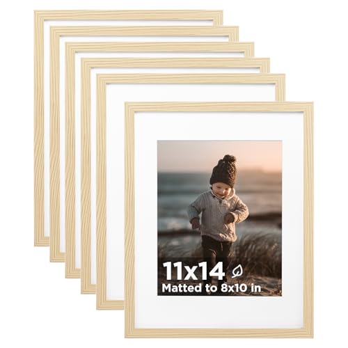 11x14 Picture Frame Wood Grain Set of 6 Photo Frames Matted 8x10 | 11 x 14 Wooden Picture Frame with Plexiglass Fits 8x10 with Mat or 11x14 without Mat for Table and Wall Display - color: Wood Grain, size: 11x14