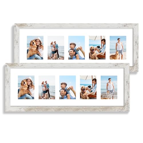 Hongkee 8x24 Picture Frame 2 Pack, Distressed White Wood Frame with Tempered Glass, Display Pictures Multiple Five 4x6 With Mat or 8 x 24 Without Mat - Horizontal or Vertical Wall Mounting - color: Distressed White, size: 8x24 in matted to 5-4x6