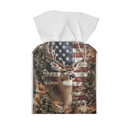 Deer Tissue Box Cover Forest Hunting Print Tissue Box Holder Waterproof PU Leather Holder for Facial Paper American Flag Facial Napkin Organizer Dispenser - color: Deer American Flag Leaf Camo
