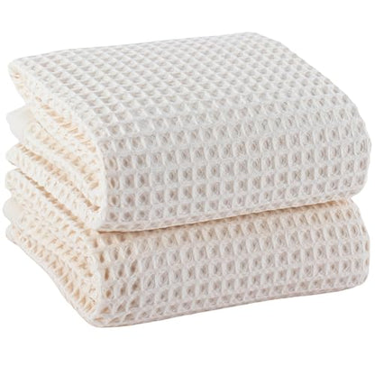 PÜSKÜL Raw-Undyed Natural 100% Turkish Cotton Waffle Bath Towels (2-Piece) | Large 32x63" Light Bath Sheet, Soft Absorbent Quick-Dry Lint-Free Premium 3D Honeycomb Weave Organic Oeko-Tex Made in Turkiye - color: Natural Beige