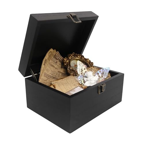 Wooden Keepsake Storage Box with Hinged Lid for Wedding Treasure Decorative | 8x6x4.4 Inches can Hold 5x7 Photos Baby Keepsakes, Stash Case with Black Velvet Base, Small Memory Case Black - color: Black, size: 8x6.5x4.4