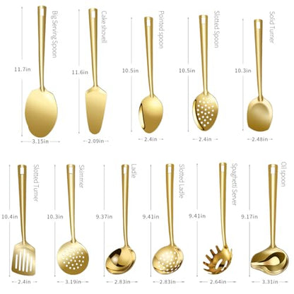 Lazycorner Cooking Utensil Set 11 Pcs Stainless Steel Kitchen Utensils Set Wok Utensils Kitchen Tool Set Spatula Set Heat Resistant Metal Kitchen Tools Ergonomic HandleEasy to Clean Dishwasher Safe - color: Gold