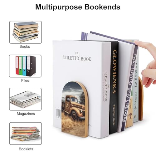 Old Truck Car Book Ends for Shelves - 2 Pack Handmade Wooden Bookends with Metal Base, Sturdy Book Holder for Heavy Books Modern Decorative Book Stopper for Home Office