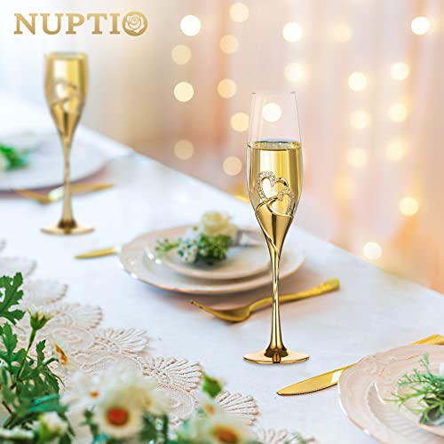 NUPTIO Gold Crystal Champagne Flutes, Wedding Gifts for Couple, Set of 2 | 6.76oz Rhinestone Rimmed Heart Toasting Glasses, Wine Cups for Anniversary, Engagement, Valentine's Day, Bridal Shower - color: Gold