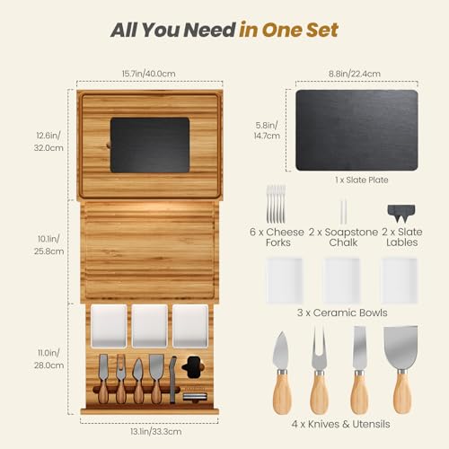 Extra Large Bamboo Charcuterie Board, 3-Layer Pull-Out Trays, Brown | 33.7"x15.7" 3-Layer Pull-Out Cheese Board with Slate Plate, Knife Set, Bowls, Ideal for Home Parties and Housewarming Gifts - color: Carbonized Bamboo
