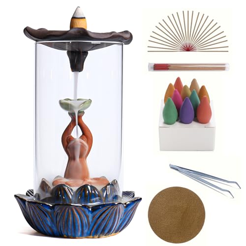 ChangWanna Frog Incense Burner Holder - Ceramic Lotus Incense Holder Ash Catcher, Glass Incense Holder for Sticks, Insence-stick Holder Ornament for Aromatherapy/Yoga/Meditation/Home Room Office Decor - color: Frog Yoga, Mixed Blue