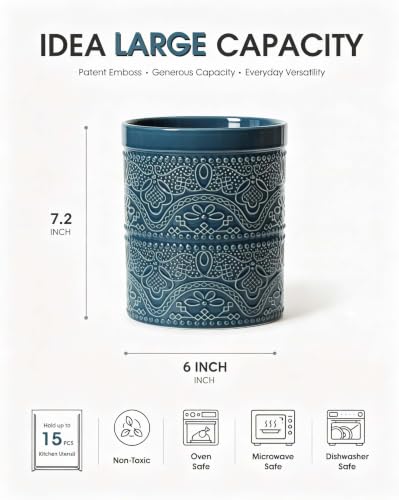 Kitchen Utensil Holder, 7.2" Super Large Utensil Crock Heavy and Stable Lace Emboss Ceramic Utensil Holder for Kitchen Counter (Grayish Blue) - color: Grayish Blue
