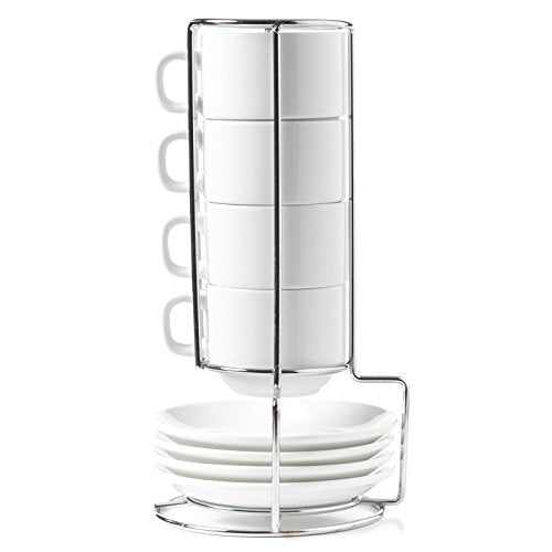 Huji Stack-able Porcelain 4 Ounces Espresso Turkish Coffee Cups and Saucer with Chrome Rack (1)