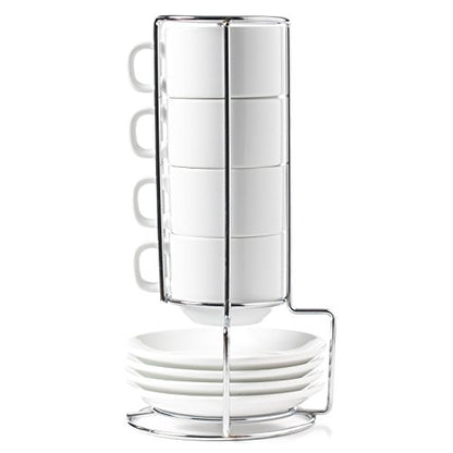 Huji Stack-able Porcelain 4 Ounces Espresso Turkish Coffee Cups and Saucer with Chrome Rack (1)