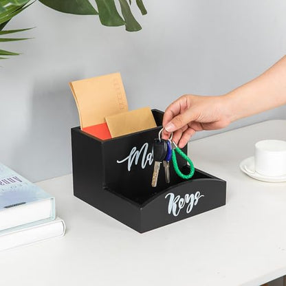 Rustic Black Torched Wooden Key Mail Organizer Word Front Label Table Top Organizing Bin Wood Countertop Desktop Cellphone Wallet Stationery Jewelry Storage Tray Entryway Home Office Farmhouse
