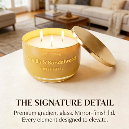 Hidden Label Vanilla Sandalwood Candle, 18oz 3 Wick, 70H Gold Bowl | Warm Amber Glass with Mirror Lid | Natural Non Toxic Soy Wax | Luxury Aromatherapy Gift for Women - color: Vanilla & Sandalwood