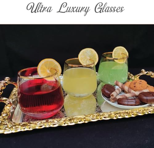 Gold Rim Cocktail Wine Whiskey Drinking Glasses Set of 6 Glassware Rimmed Trim Crystal Cups Juice Water Drinkware Drinks Bar Fancy Party Wedding Vertical Striped - color: Gold 2