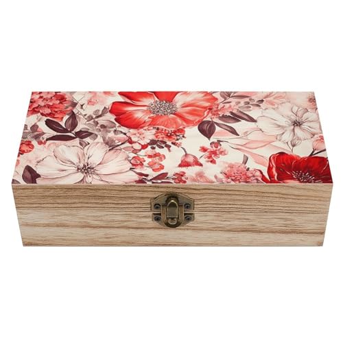 MUSM Vintage Wooden Storage Box, Red Style Flowers Keepsake Box for Jewelry, Photos, Letters, Elegant Desktop Organizer for Home & Office Decor